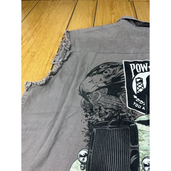 POW MIA Big Rig Truck Mens Shirt L Gray Raw Edges Sleeveless Front Buttons - Picture 4 of 16